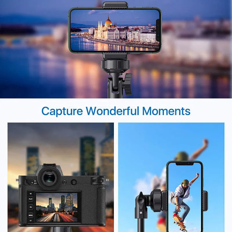 Black aluminium alloy selfie stick tripod compatible with iPhone in extended and collapsed positions