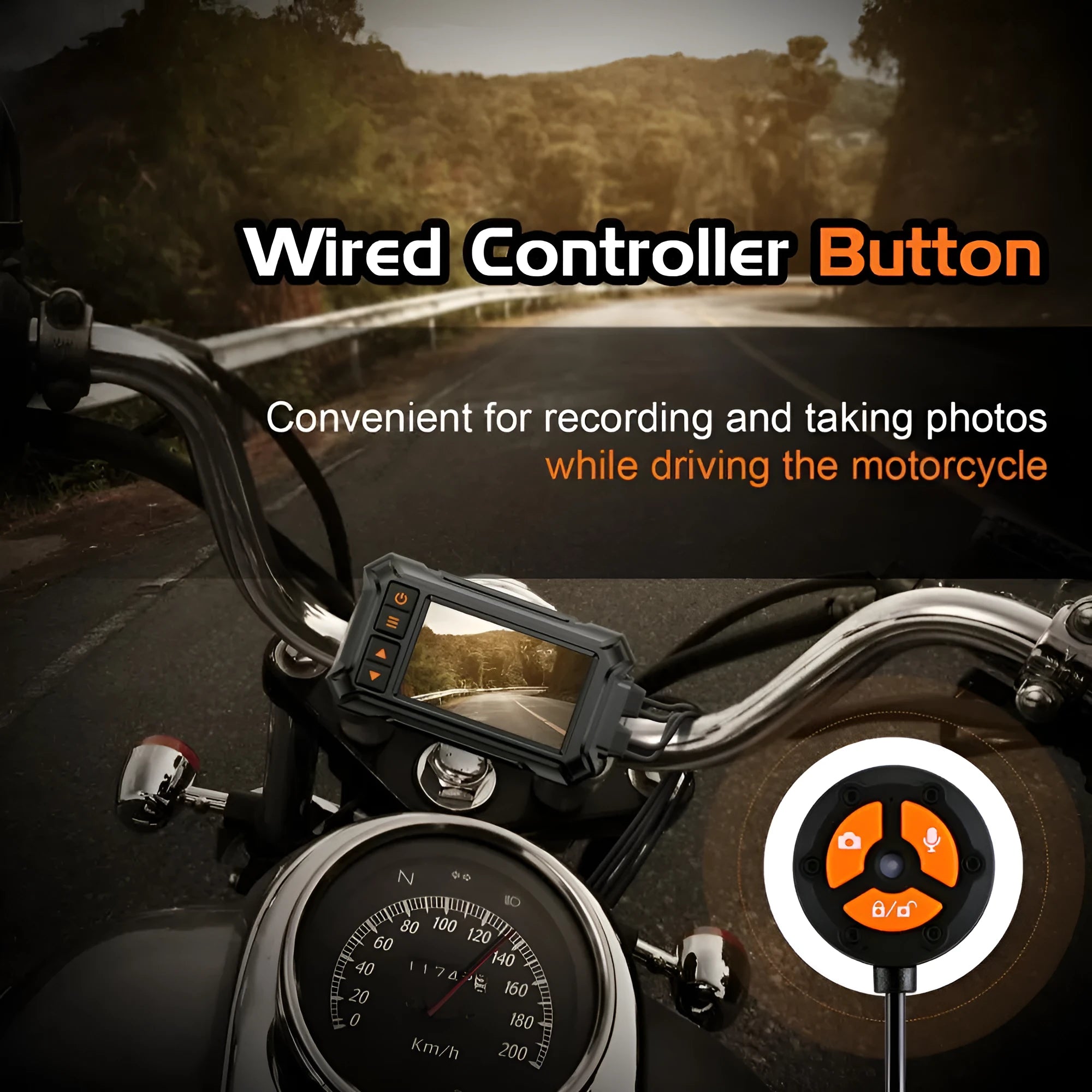 3 inch waterproof motorcycle tachograph dash cam with dual lenses, GPS module, and power cables on a handlebar.