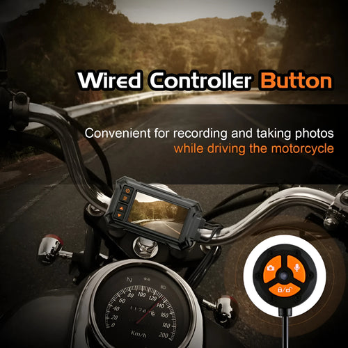 3 inch waterproof motorcycle tachograph dash cam with dual lenses, GPS module, and power cables on a handlebar.