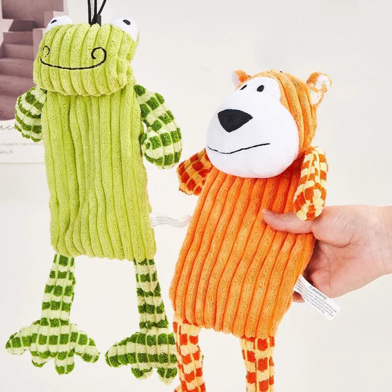 Green and orange Immortal Squeaker plush dog toy for aggressive chewers with internal squeaker