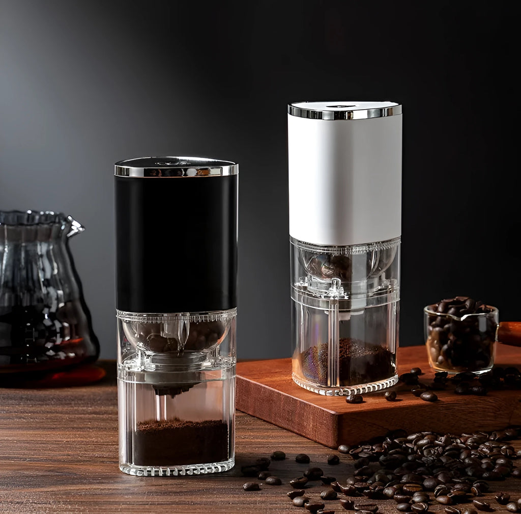 White portable electric coffee grinder with ceramic burr and USB charging cable