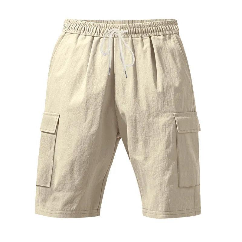 Men's cotton linen casual shorts with multiple pockets in loose straight-leg design