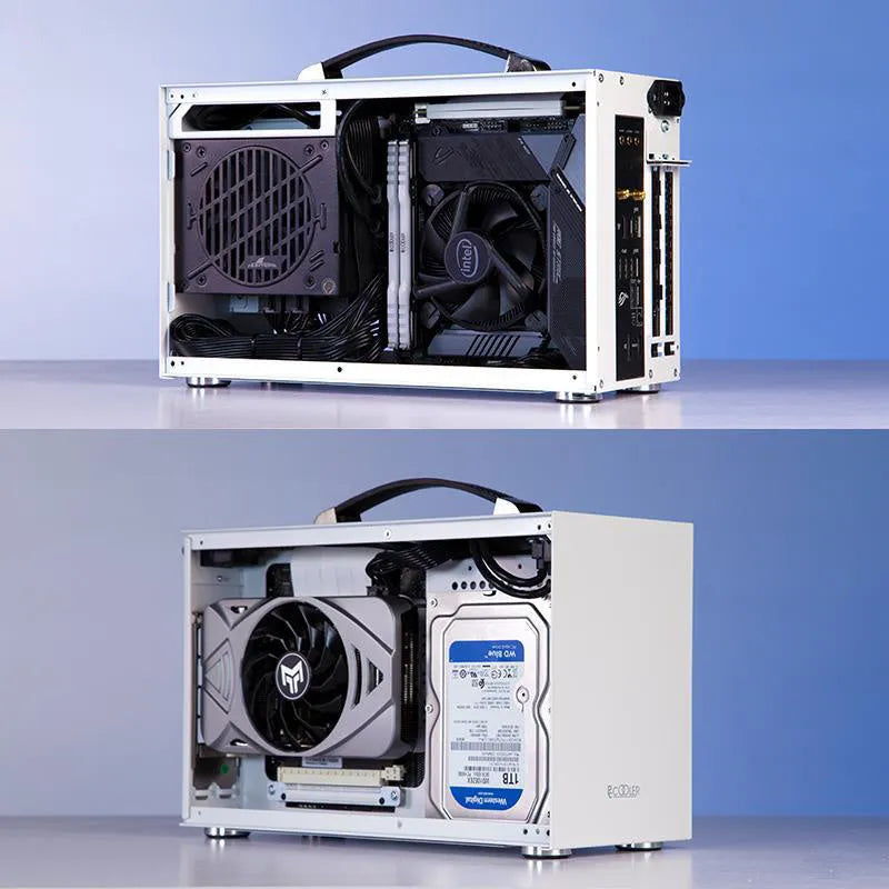 Three Hummingbird Portable Mini-ITX desktop computer case in titanium grey finish