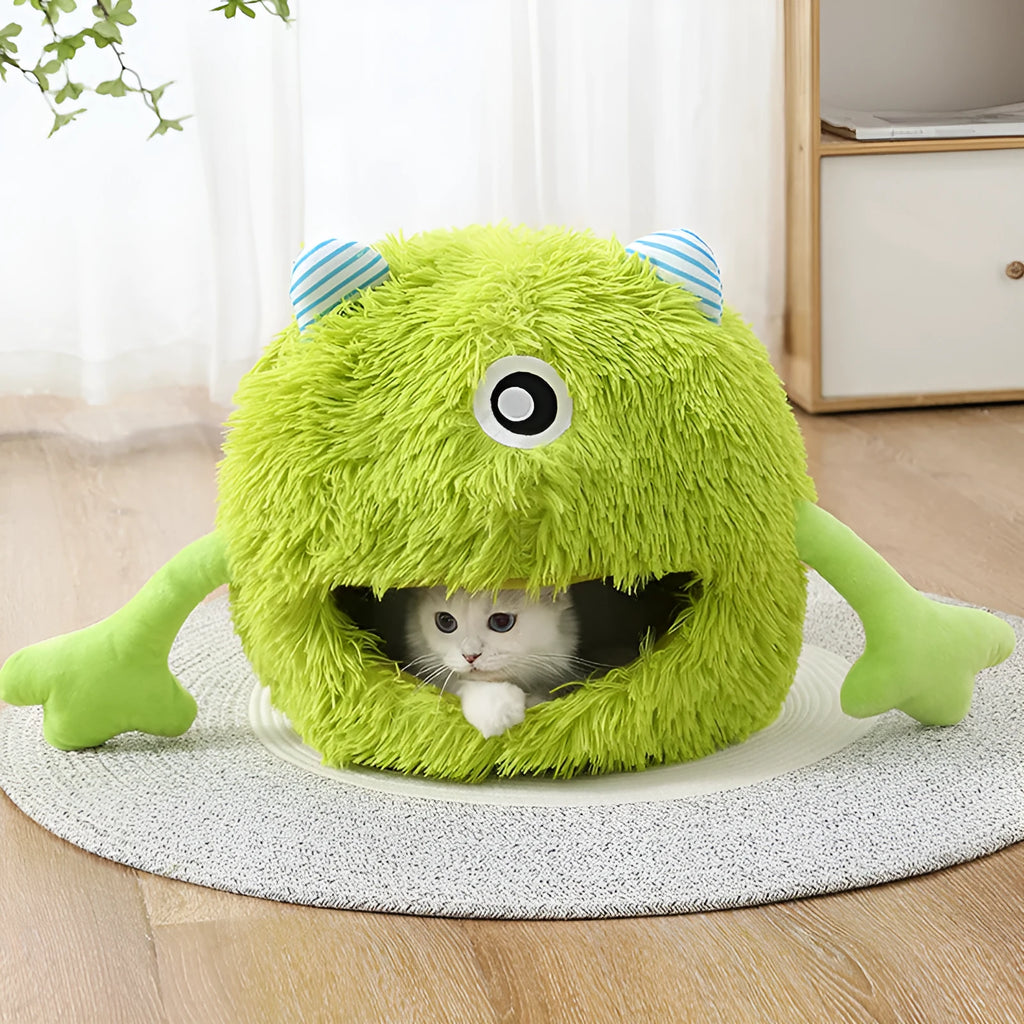 Round soft plush cat bed with non-slip bottom in three size options