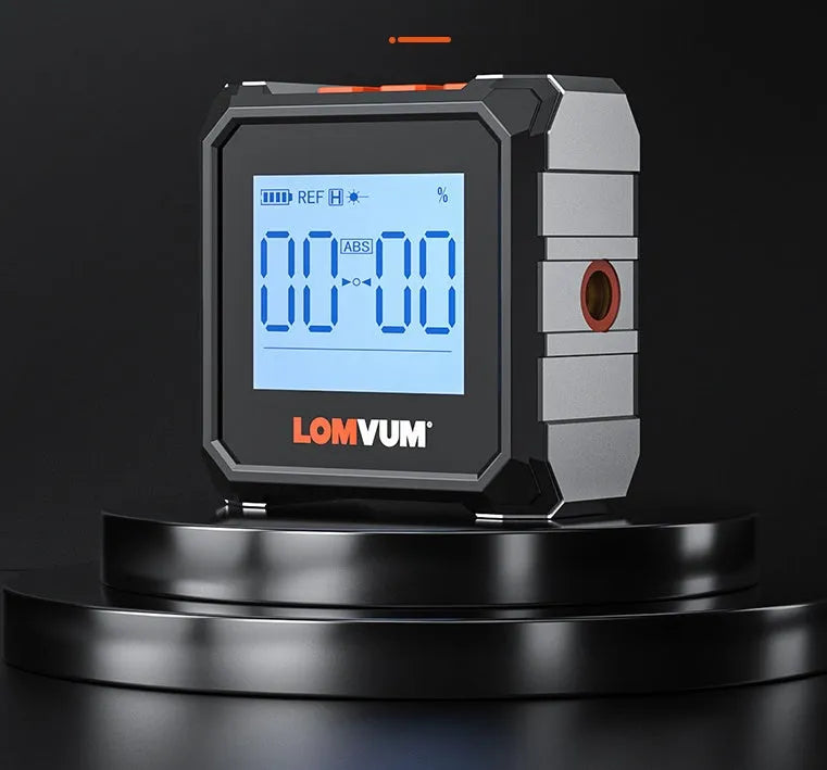 Longyun digital laser inclinometer with black alloy casing and backlit display on a metal beam.