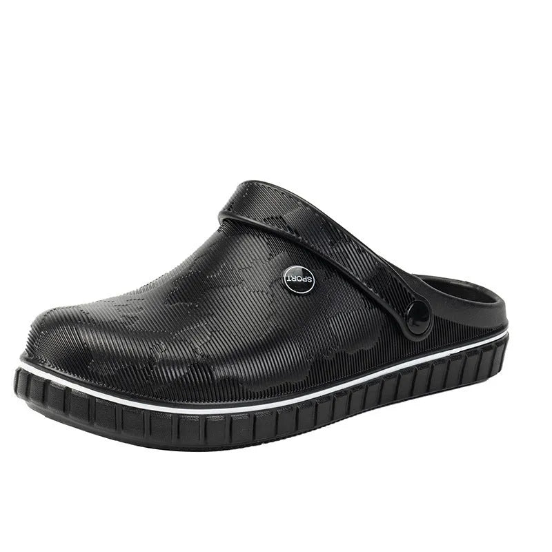 Men's EVA casual beach sandals in black with flat heel and round toe, sizes 40-47