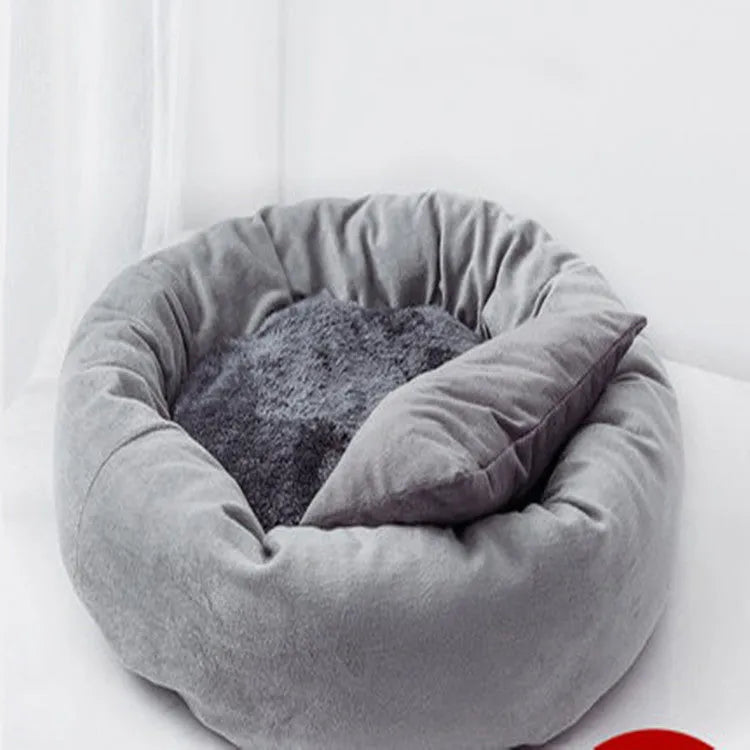 Circular dog bed with PP cotton filling in light grey colour showing measured diameter and optional pillow