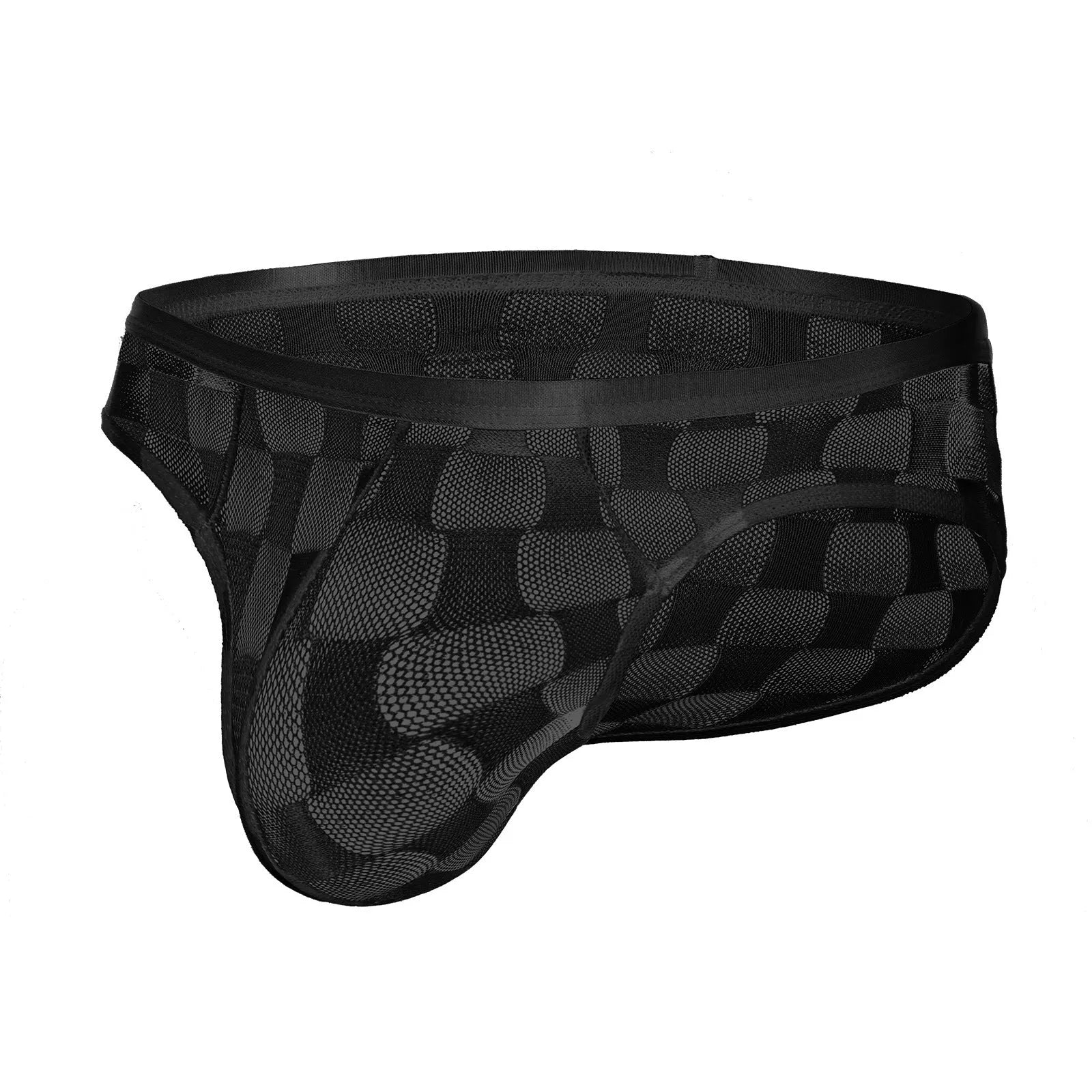 Men's black and white plaid mesh underpants showing U-convex design and lace fabric.