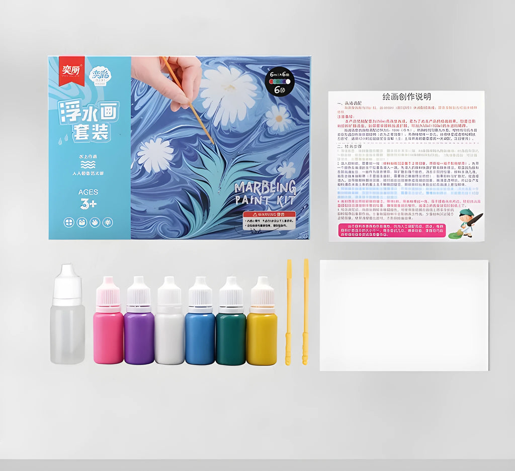 Hand painted doodle educational toy set showing pigment bottles, painting liquid, drawing paper, and stirring rods for gouache painting