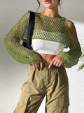 Mesh shirt with a hollowed navel detail, shown in one of six available colours.