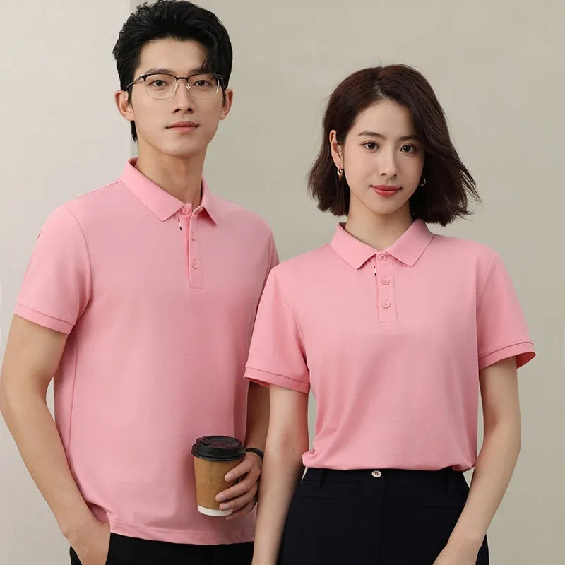 Solid colour catering work polo shirt in ice silk fabric on a hanger, showing short sleeves and regular fit.