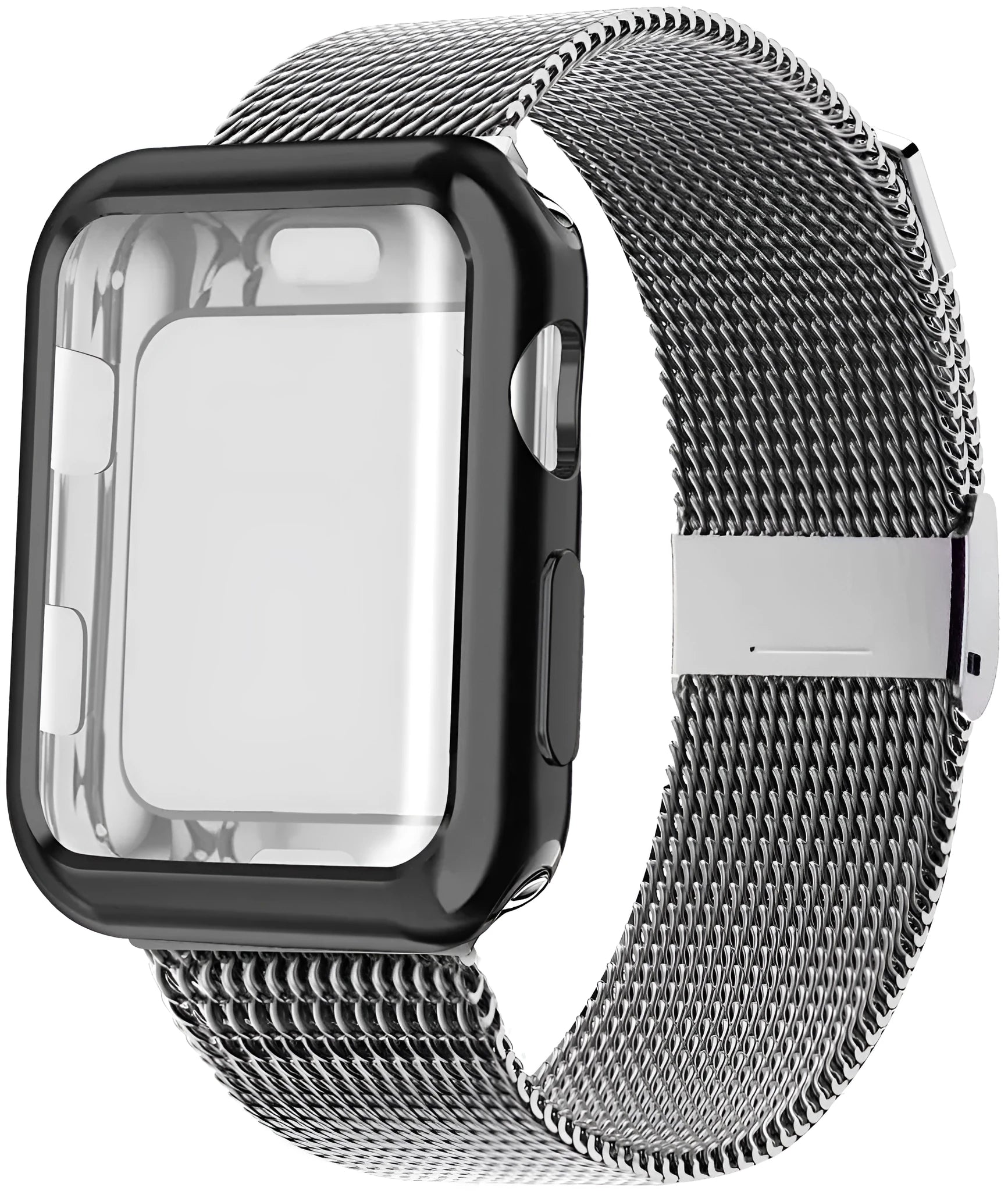 Apple Watch with black magnetic Milanese loop band showing adjustable magnetic clasp on wrist.