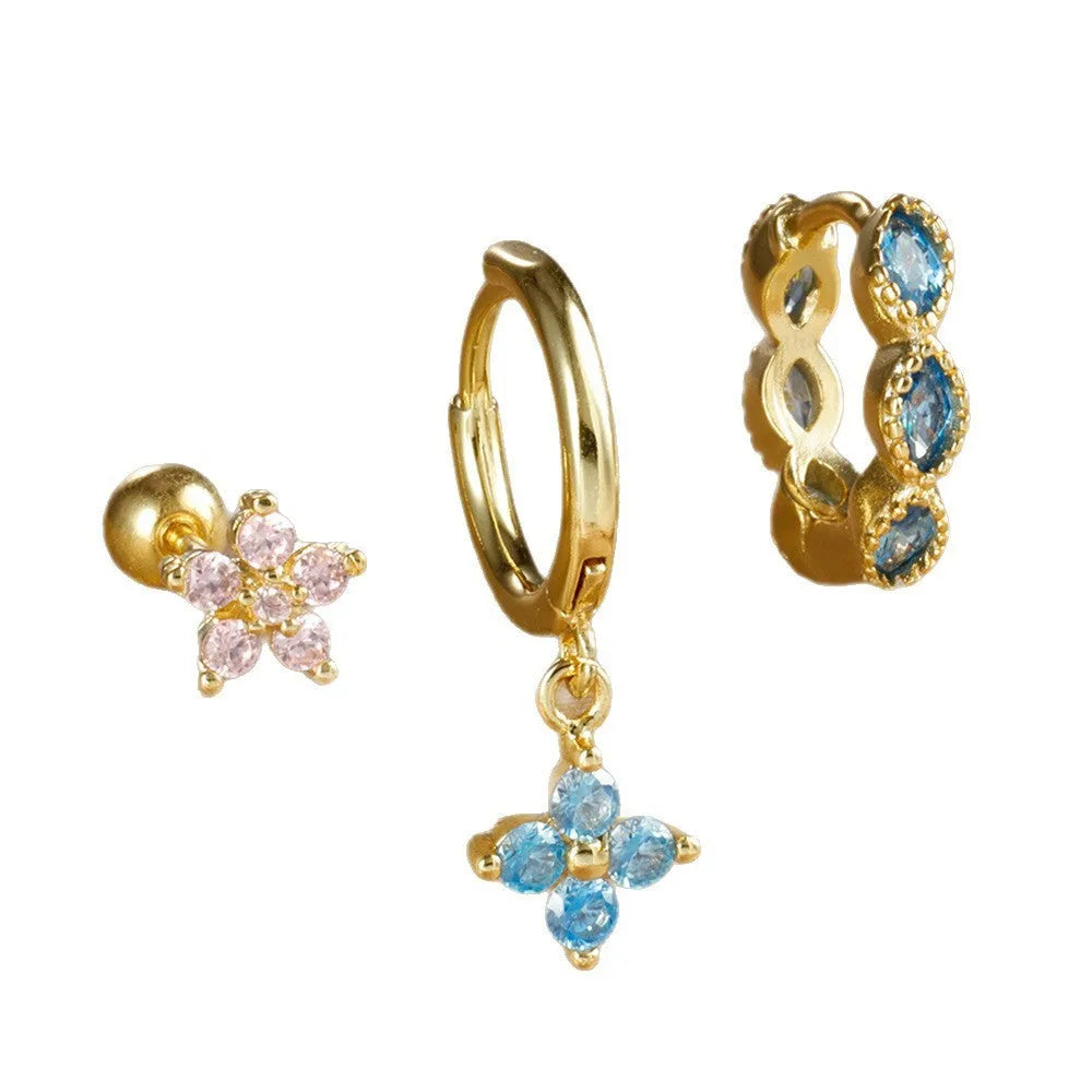 Crystal flowers geometric cartilage earrings set on copper with electroplated gold finish