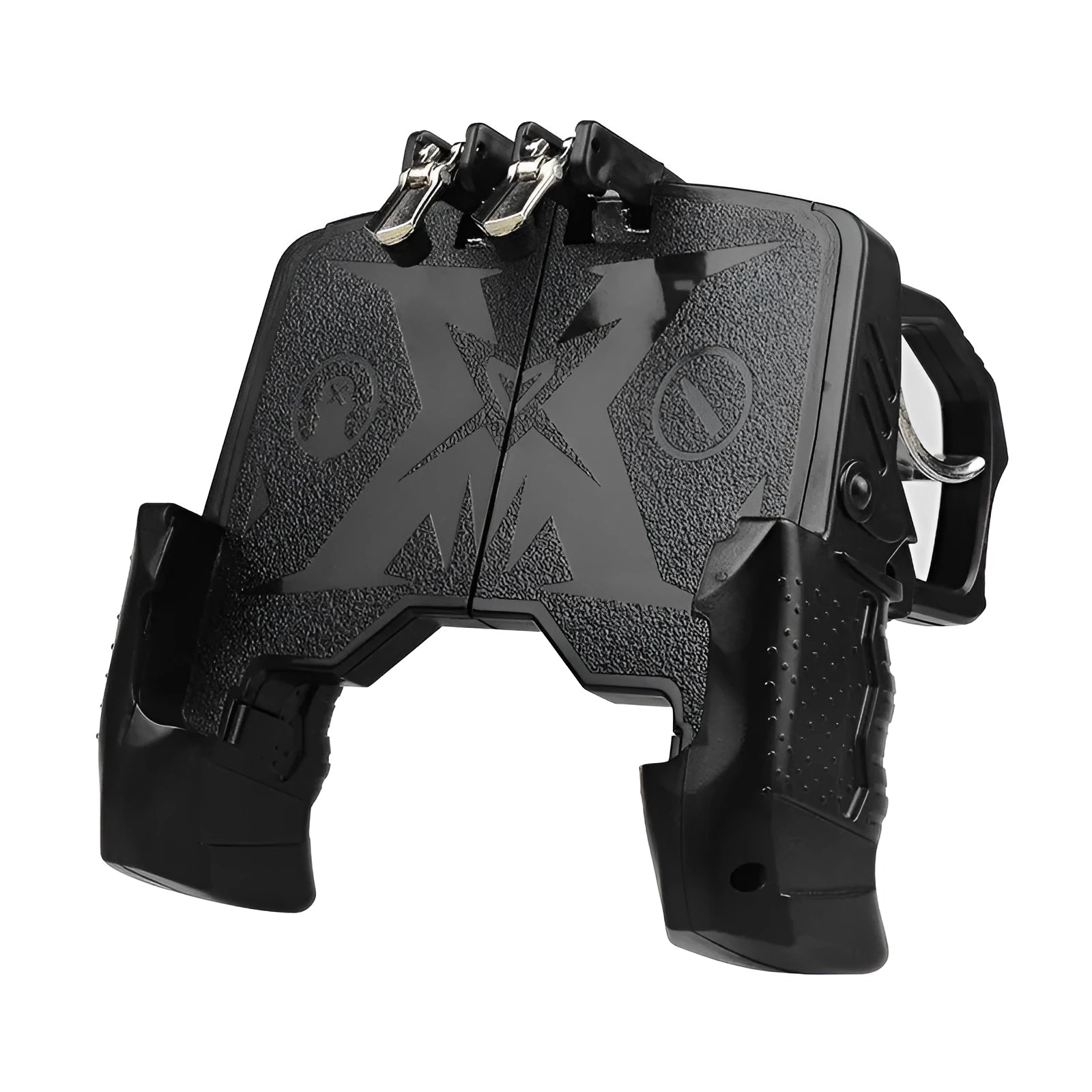 Black plug-in mobile phone gamepad with ergonomic handles and adjustable clamp holding a smartphone