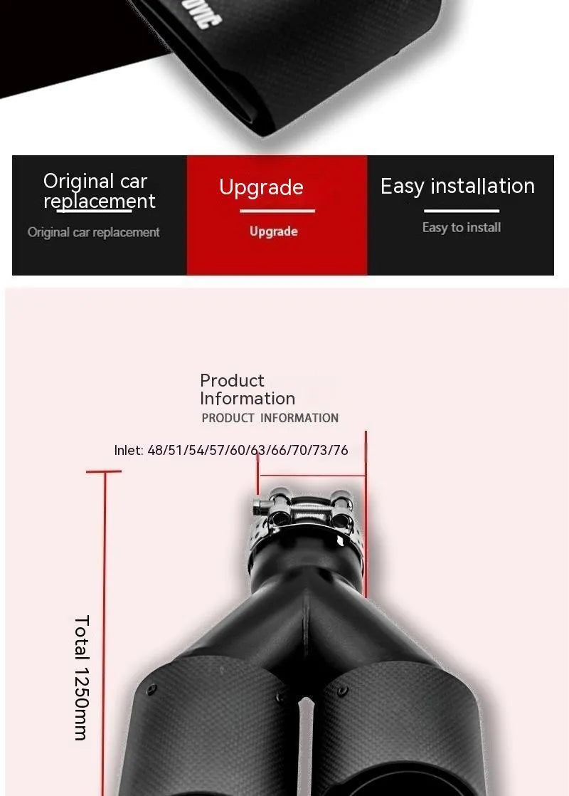 Black carbon fibre car exhaust pipe with dual outlet tail nozzle for vehicle modifications