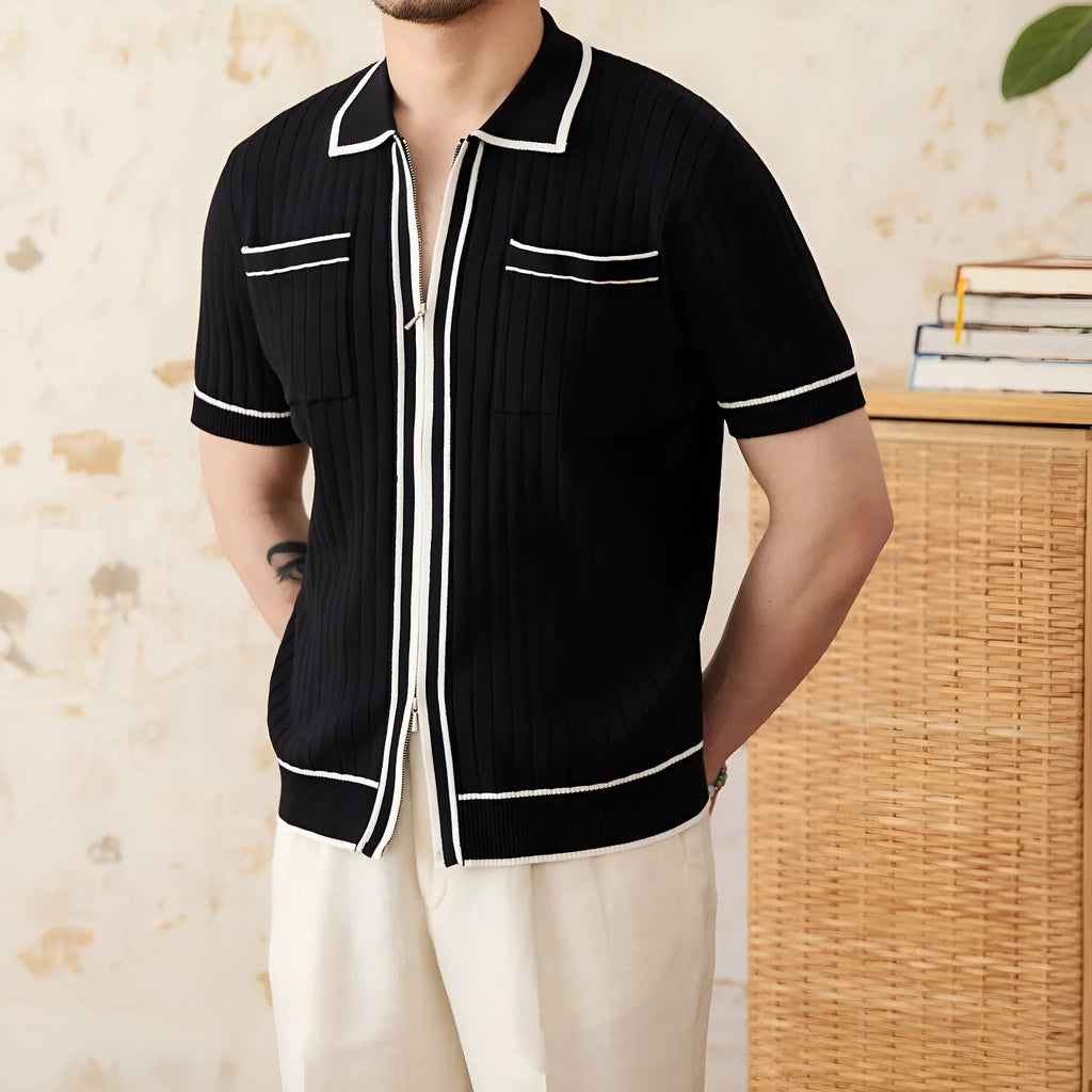 Slim black lapel collar knitted polo shirt with short sleeves on a mannequin.