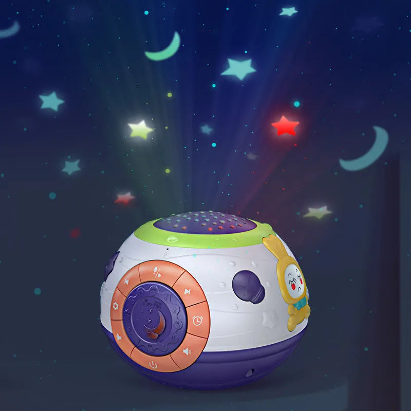 White plastic starry sky night light projector for children on a table.
