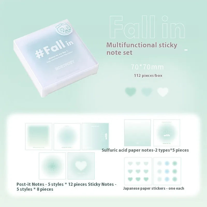 70mm square brick-shaped notepad with gradient coloured papers including sticky notes and parchment sheets