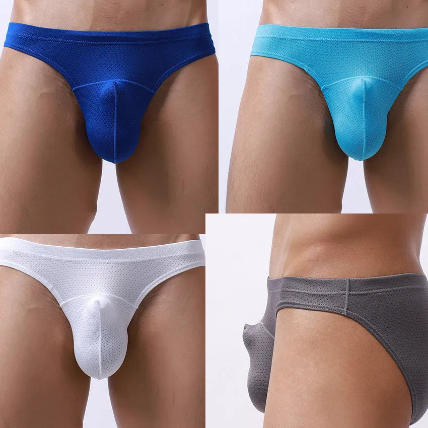Men's transparent light grey nylon mesh underwear laid flat, showing loose-fit brief style and open-weave fabric texture.