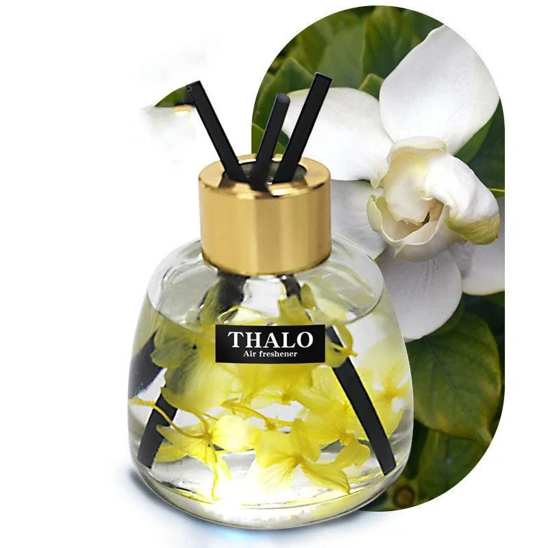 Glass bottle-shaped car perfume ornament for air freshening, shown in various colour options.
