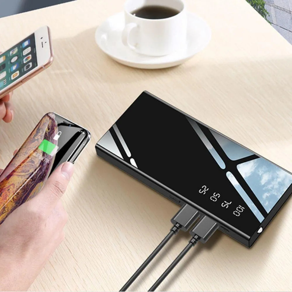 Black 20000mAh power bank showing LCD screen and two USB ports.