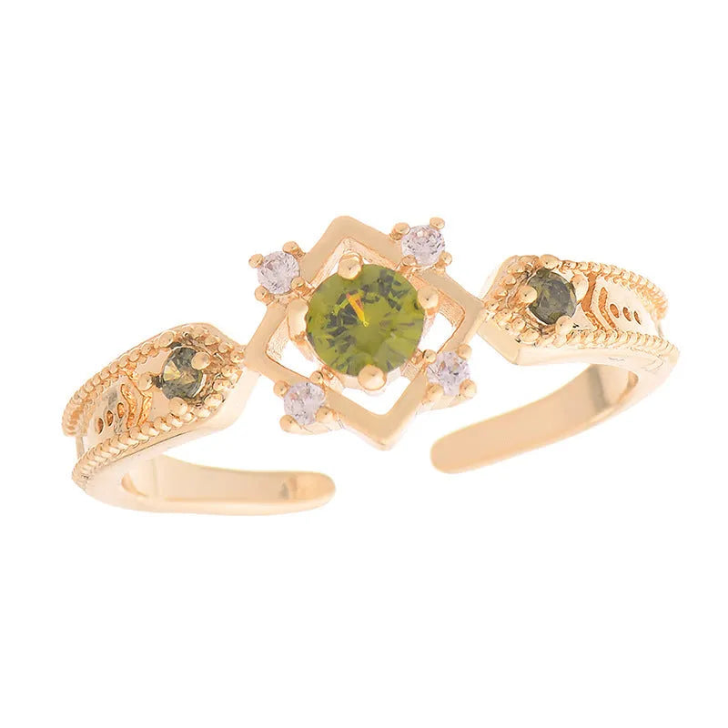 Geometric open mouth women's ring with zircon stones in olive green or purple on copper band