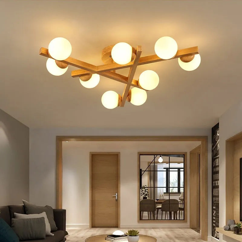 Modern wooden-style ceiling light with three adjustable light heads in a neutral finish