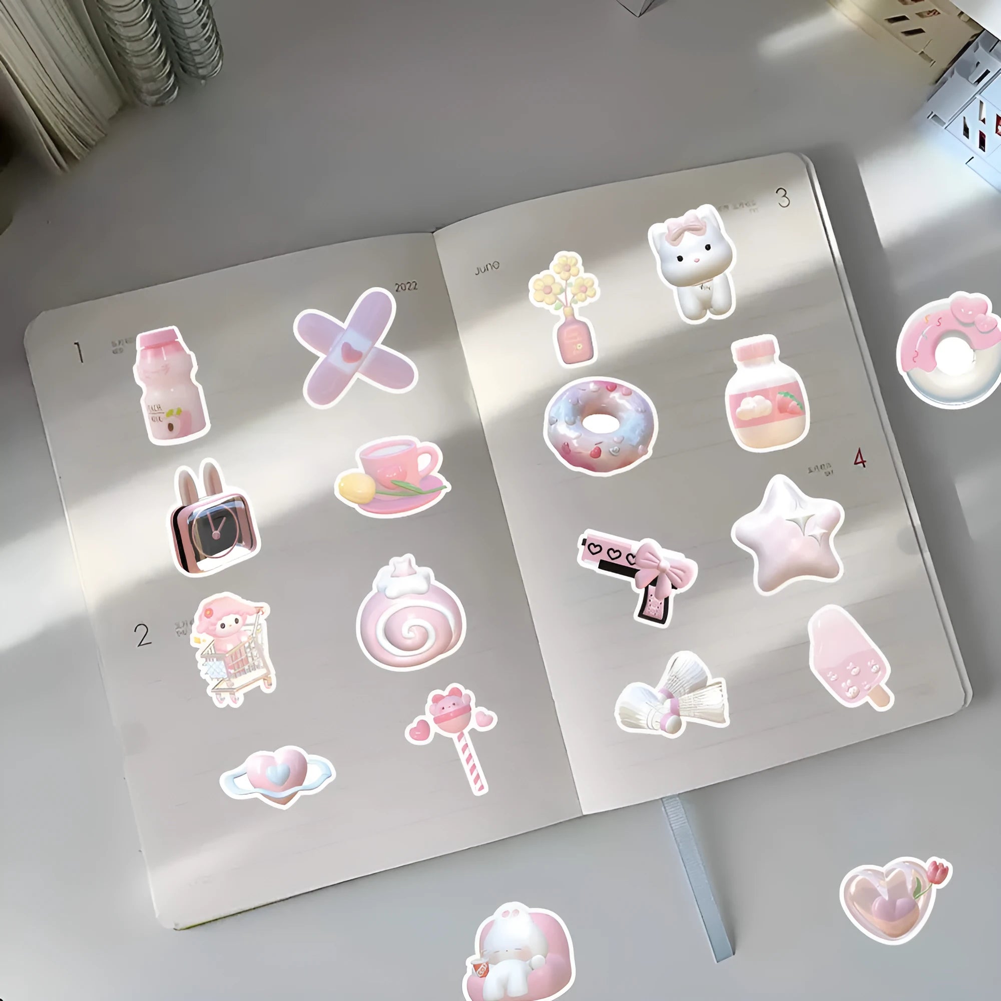 Set of 63 realistic 3D decorative stickers with cute pink girl heart designs.
