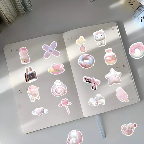 Set of 63 realistic 3D decorative stickers with cute pink girl heart designs.