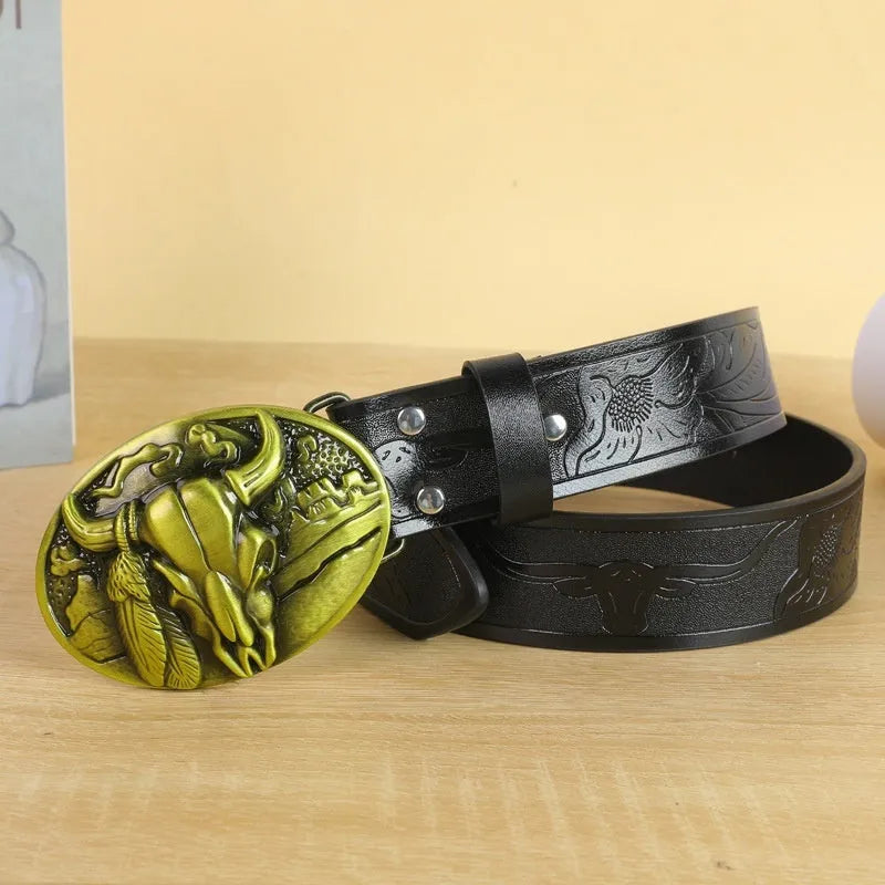 Men's brown imitation leather belt with a detailed silver alloy cow head buckle and pin fastener.