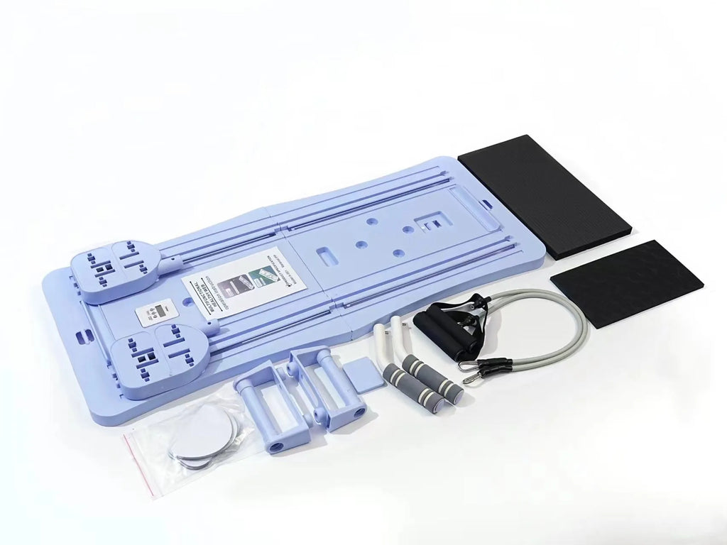 Purple foldable PP plastic core exercise board laid flat on a floor.