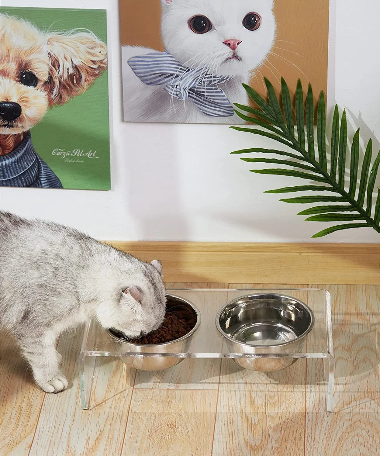 Transparent acrylic pet feeding rack for small cats and dogs with raised bowl platform, 39.5x18x10cm size