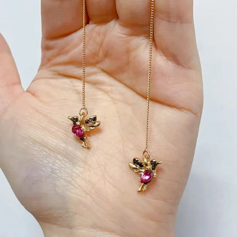 Women's long style bird hanging earrings with mixed zirconium wings in red, blue, and red lvzuan colours