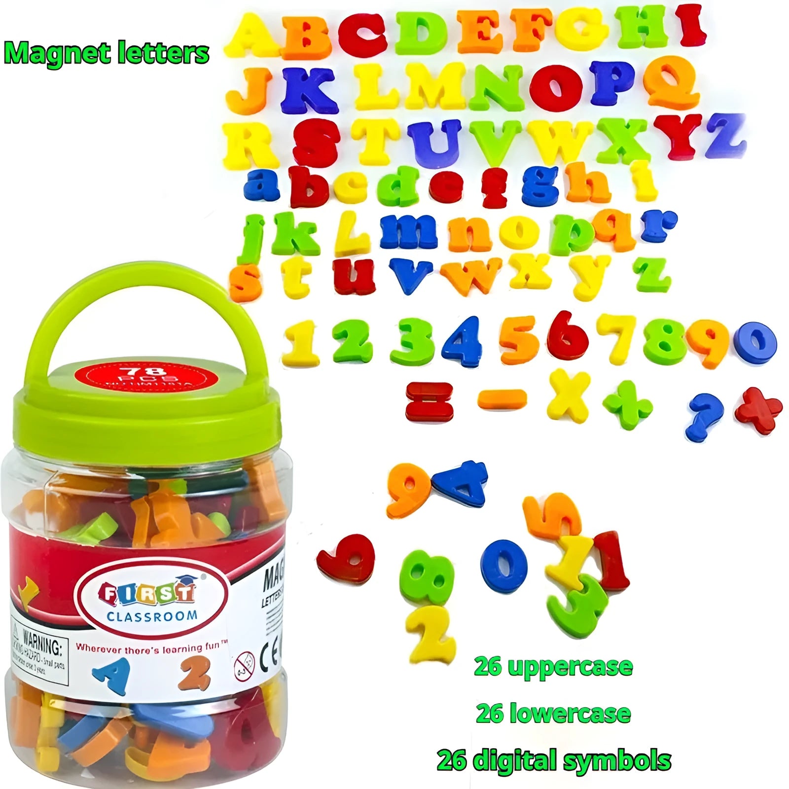 Early education magnetic plastic stickers set of 78 pieces in HM1151 colour with English alphabet and digital Pinyin characters on a whiteboard