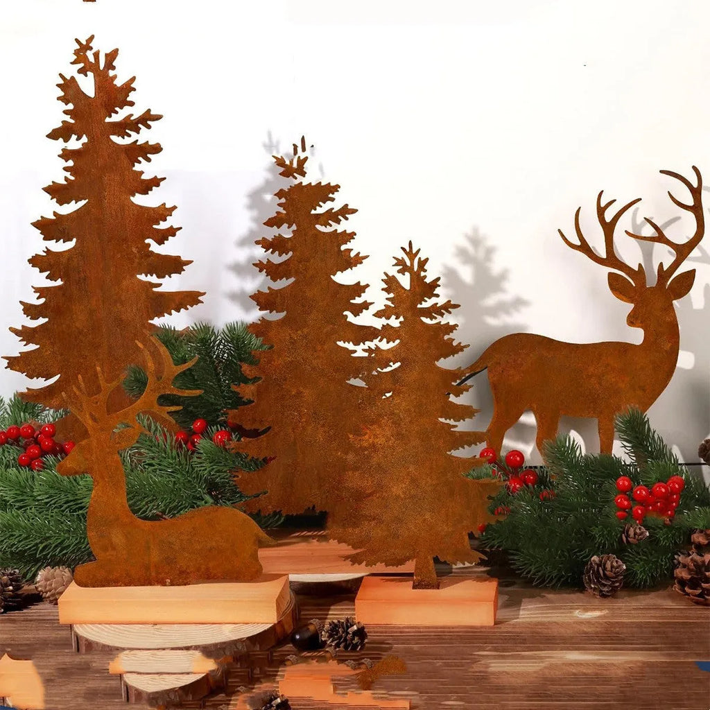 Three metal Christmas tree ornaments with rusty finish featuring elk designs