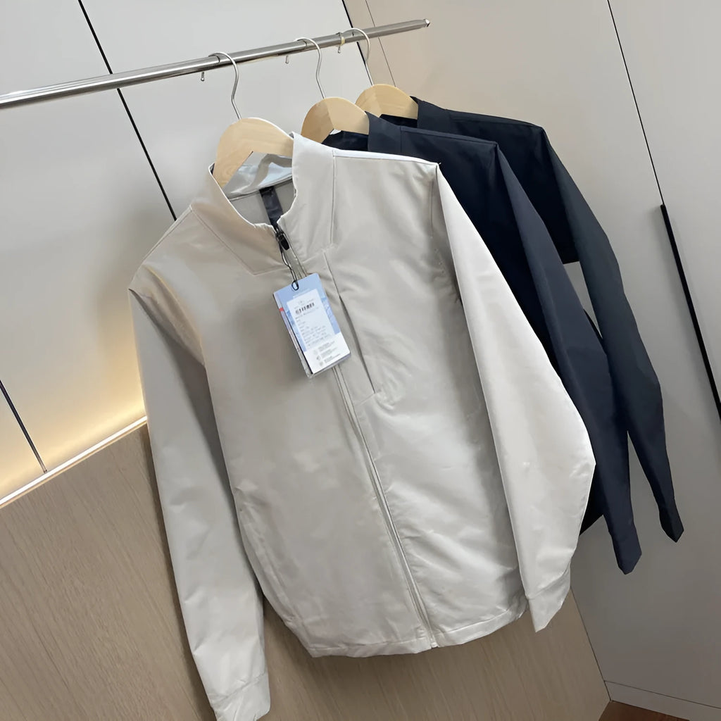 Men's stand collar polyester casual jacket in black, dark blue or milky white with straight hem