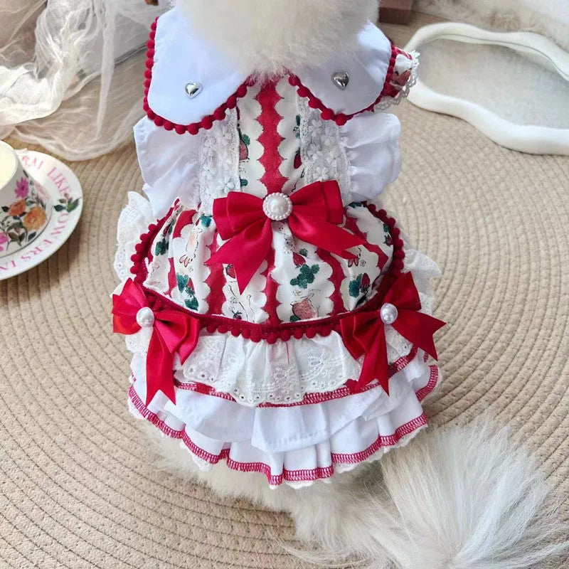 Small white dog wearing a rabbit skirt-style princess dress, showcasing the fit and lightweight polyester material.