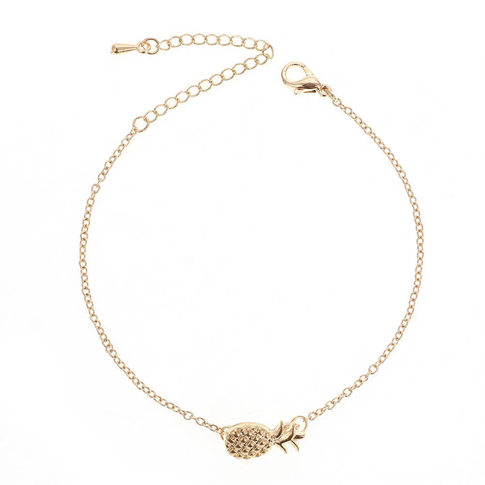 Gold and silver adjustable alloy bracelets featuring a small pineapple charm on a chain.