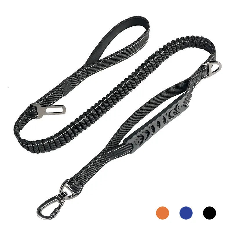 Retractable reflective dog leash with rope-buffered handle in black, orange and khaki colour options