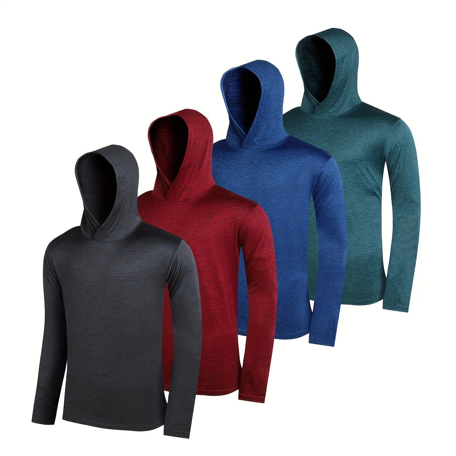 Four men's lightweight pullover hoodies in assorted colours, made from elastic polyester fibre.
