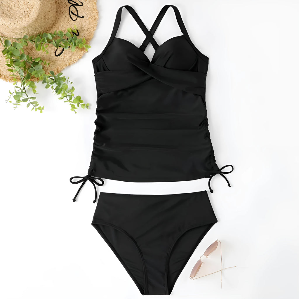 Women's solid colour high waist nylon bikini set in a slim fit design for swimming.