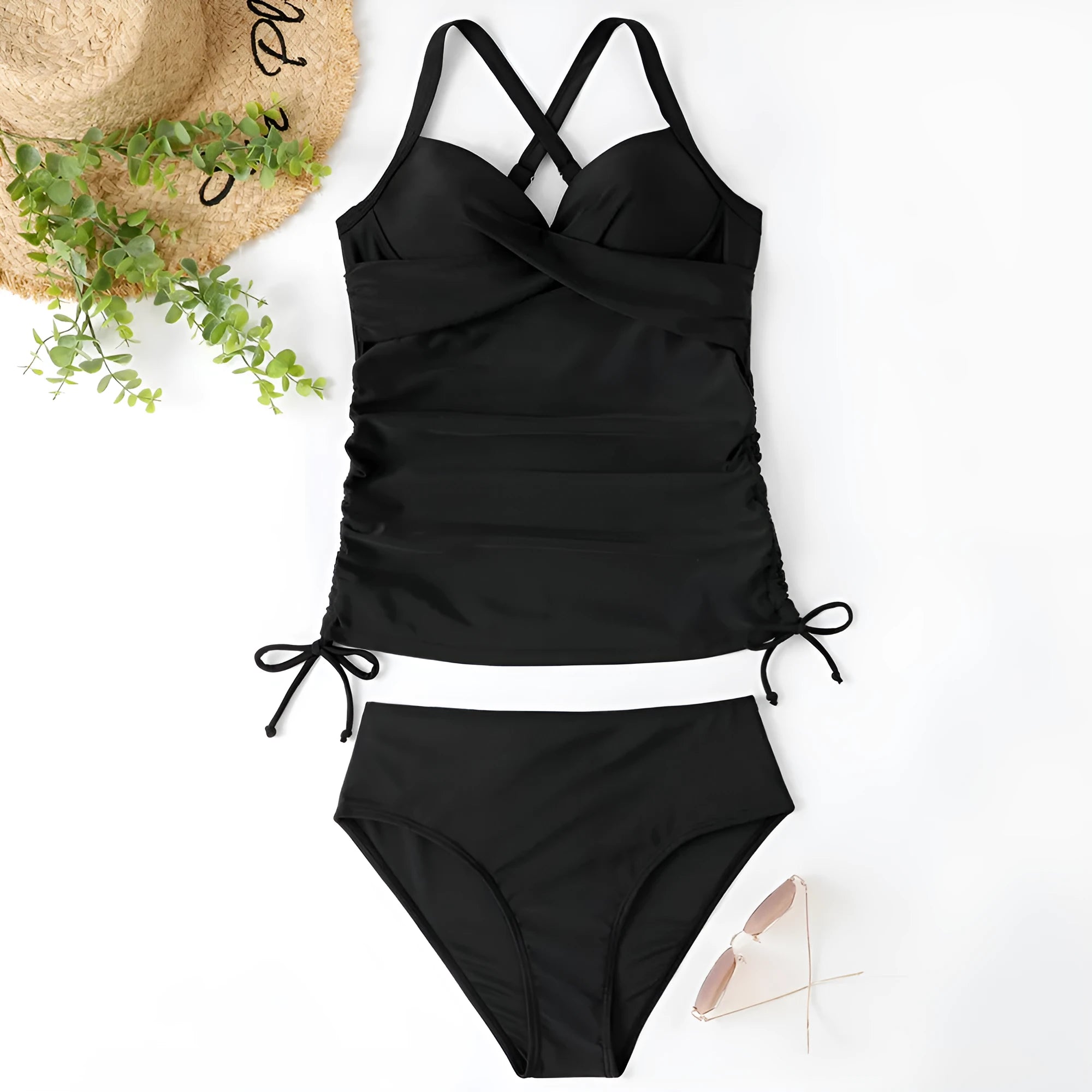 Women's solid colour high waist nylon bikini set in a slim fit design for swimming.