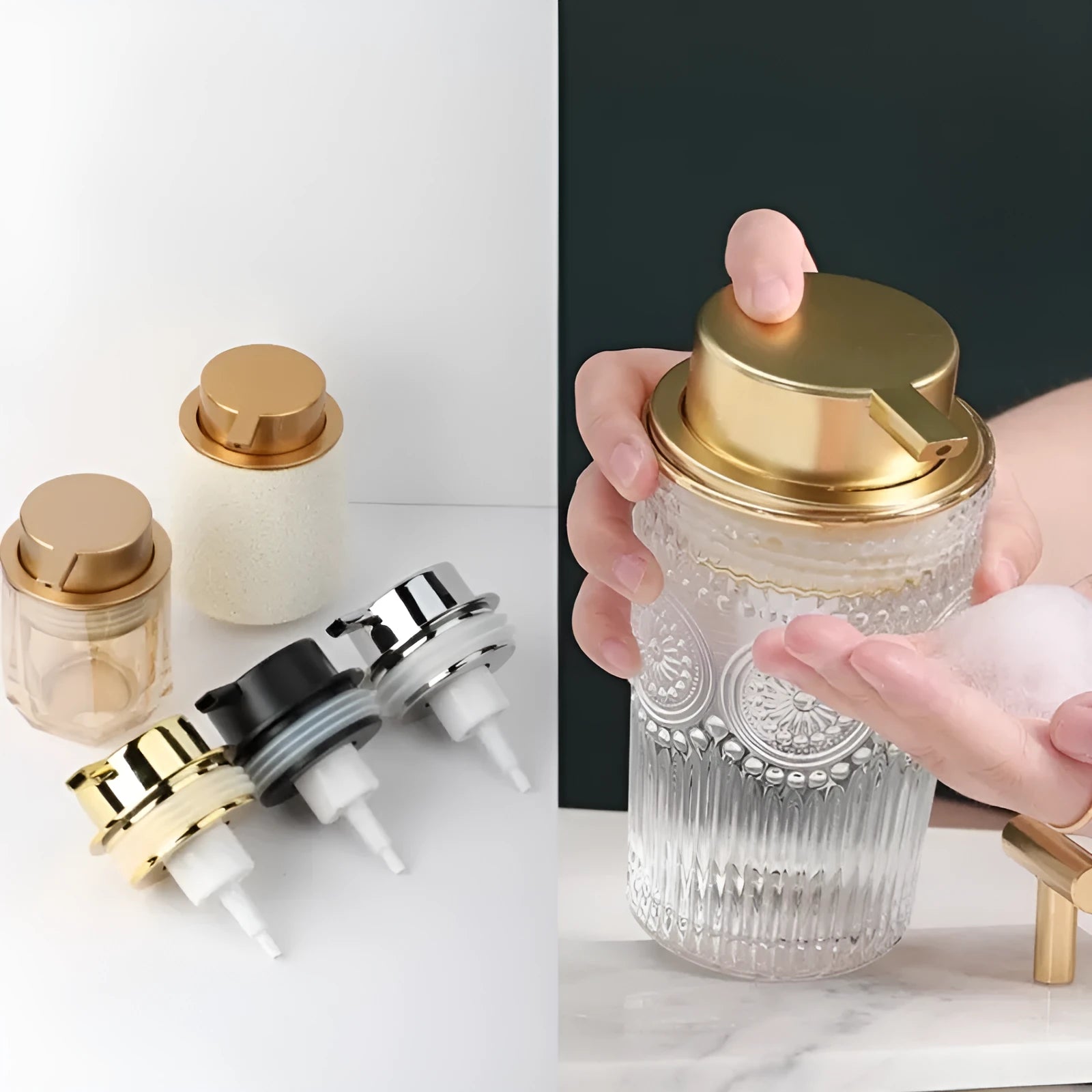 ABS plastic facial cleanser foam pump dispenser in gold finish