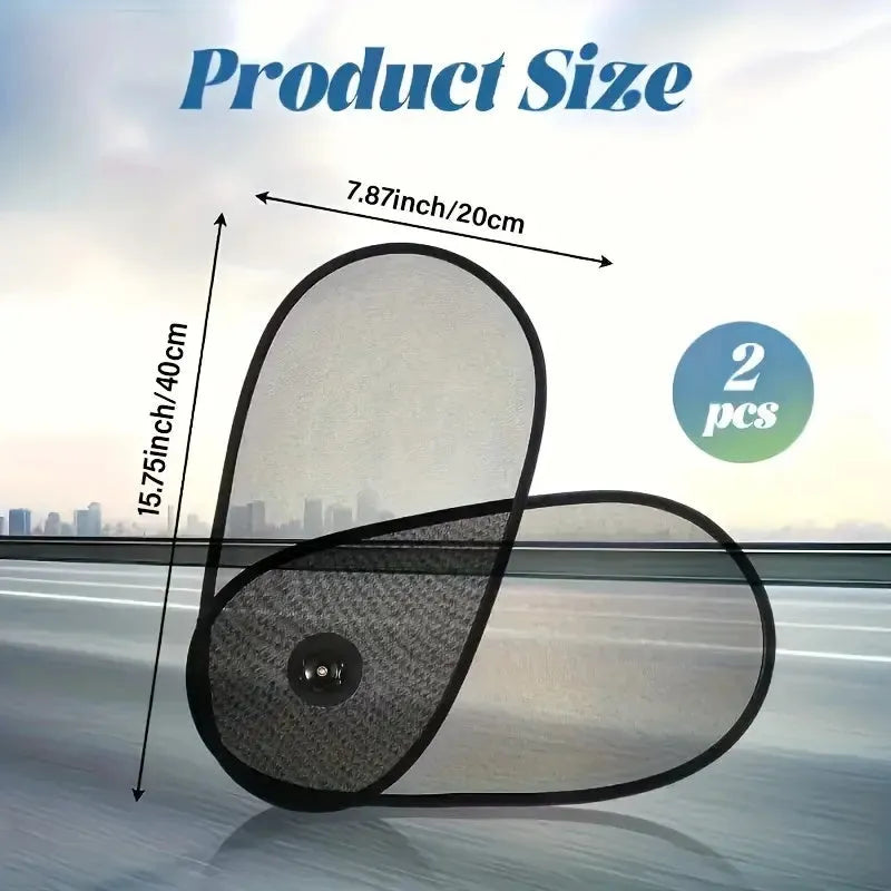 Black stretchy car window shade with suction cups attached to a car side window.