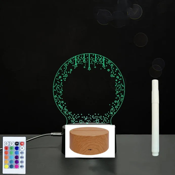 3D acrylic LED message board with touch control, black ABS base, USB cable, and stylus pen on desk