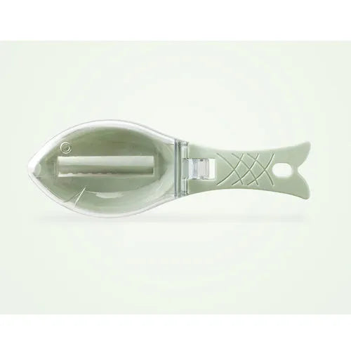 Fish-shaped scale scraper with removable knife and containment cover