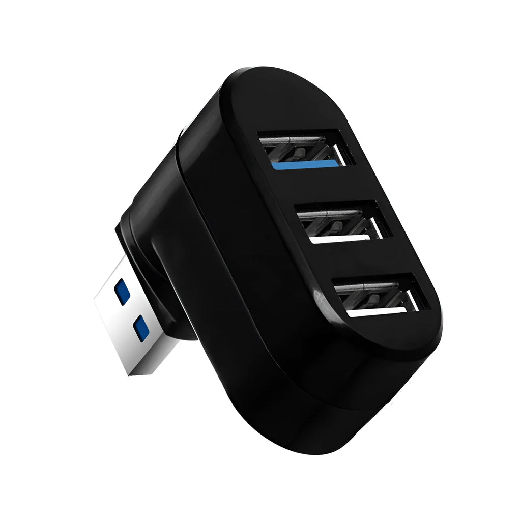 Black USB 3.0 four-port rotary hub on a desk next to a laptop, showing compact size.