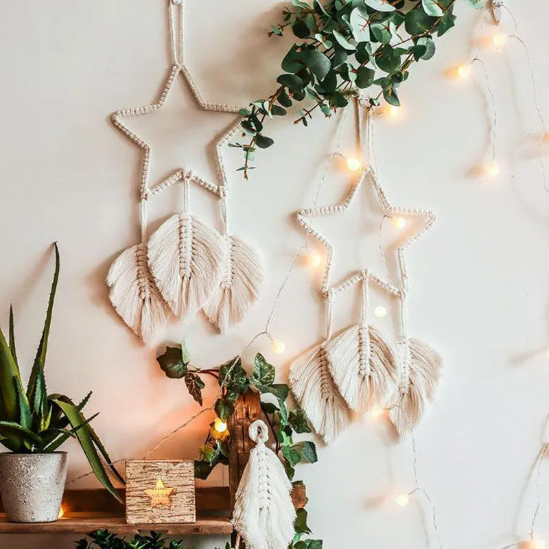 Handmade woven dreamcatcher hanging lamp with light, 90cm long cotton thread