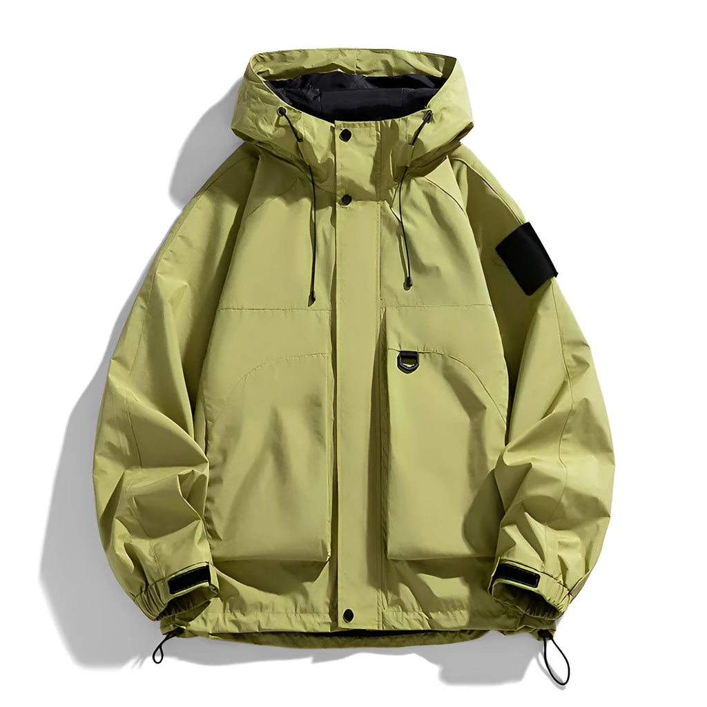 Men's black windproof waterproof hooded jacket on a hanger