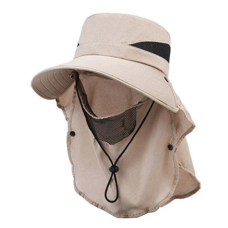 Men's Army Green polyester fisherman hat with wide 10cm brim and adjustable drawstring for sun protection.
